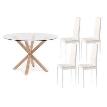 Pack Mesa Redonda De Cristal Templado + 4 Sillas Polipiel/metal Blanco 120x75 Cm