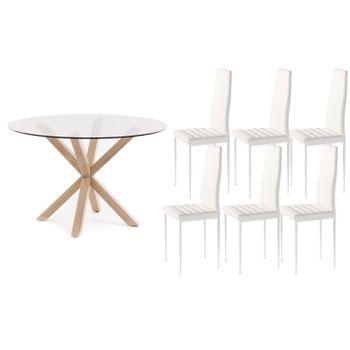 Pack Mesa Redonda De Cristal Templado + 6 Sillas Polipiel/metal Blanco 120x75 Cm