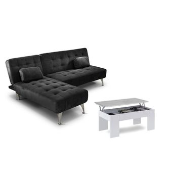Oferta: Sofa Cama Chaise Longue Xs Negro + Mesa De Centro Blanco Y Cemento