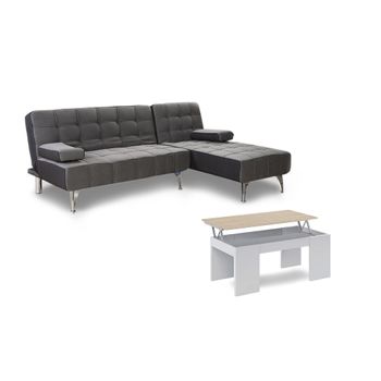 Oferta: Sofa Cama Chaise Longue Xs Gris Oscuro + Mesa De Centro Blanco Y Cambria