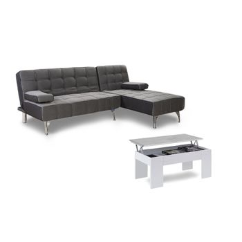 Oferta: Sofa Cama Chaise Longue Xs Gris Oscuro + Mesa De Centro Blanco Y Cemento