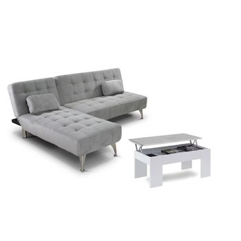 Oferta: Sofa Cama Chaise Longue Xs Gris + Mesa De Centro Blanco Y Cemento