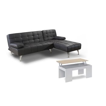 Oferta: Sofa Cama Chaise Longue Xs Negro En Polipiel + Mesa De Centro Blanco Y Cambria