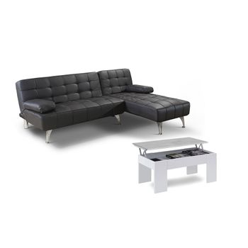 Oferta: Sofa Cama Chaise Longue Xs Negro En Polipiel + Mesa De Centro Blanco Y Cemento