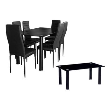 Pack Elegance: Mesa De Cristal Templado + 6 Sillas Polipiel + Mesa De Centro De Cristal Templado Negro