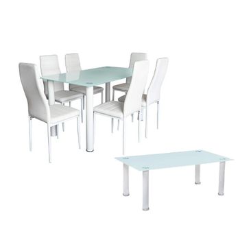 Pack Elegance: Mesa De Cristal Templado + 6 Sillas Polipiel + Mesa De Centro De Cristal Templado Blanco