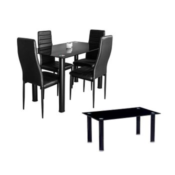 Pack Elegance: Mesa De Cristal Templado + 4 Sillas Polipiel + Mesa De Centro De Cristal Templado Negro