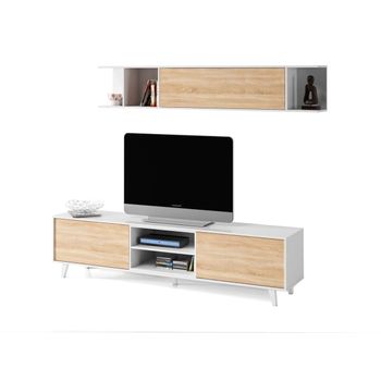 Mueble Tv Zaiken Plus + Estante. Conjunto Muebles De Salon, Blanco Y Roble 180x51 Cm