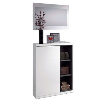 Mueble Recibidor Consola Adhara + Espejo Y Zapatero, Blanco Y Gris 167x79 Cm