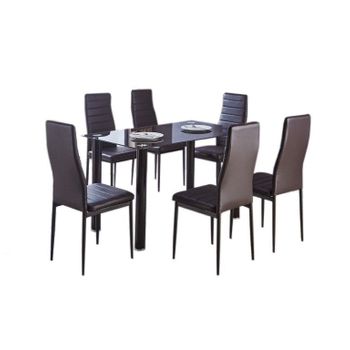 Mesa De Cristal Templado + 6 Sillas Polipiel. Comedor O Cocina, Marron