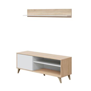 Mueble Tv Kikua Plus + Estante. Conjunto Muebles De Salon, Blanco Y Roble 135x50 Cm