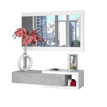 Mueble Recibidor Noon + Espejo Y Cajon, Blanco Y Cemento 69x95 Cm