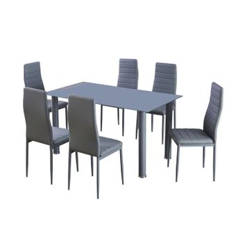 Mesa De Cristal Templado + 6 Sillas Polipiel. Comedor O Cocina, Gris