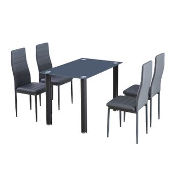 Mesa De Cristal Templado + 4 Sillas Polipiel. Comedor O Cocina, Gris