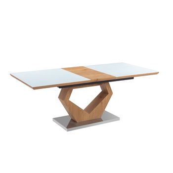 Mesa Extensible De Cristal Templado 160 A 200cm Gavin. Comedor O Cocina, Blanco Y Roble