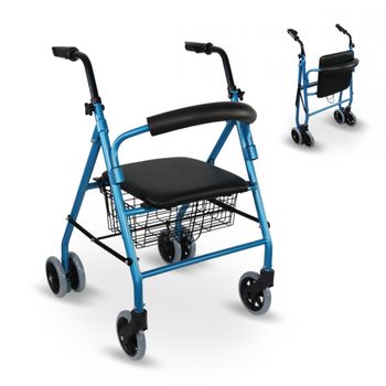 Andador Para Ancianos Mobiclinic Aluminio Ligero Y Plegable Frenos Con Asiento Cesta Y 4 Ruedas Prado Azul