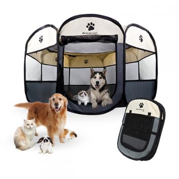 Parque Plegable Para Perros Gatos Roedores Mobiclinic 8 Ventanas 2 Puertas Seguro Cordón Elástico Gris Scooby