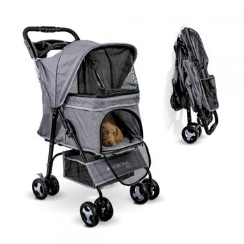 Carrito Para Perros Plegable Mobiclinic Ruedas Con Freno Y 360º 3 Accesos Con Toldo Cesta Almacenaje Y Portavasos Gris