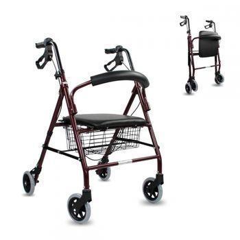 Andador Para Ancianos Mobiclinic Plegable Con Frenos Aluminio Con Cesta Con Asiento 4 Ruedas Escorial Burdeos
