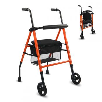 Andador Con 2 Ruedas Mobiclinic Para Ancianos Andador Plegable Acero Ligero Con Asiento Y Cesta Nerón Naranja