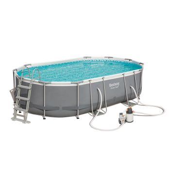 Piscina Desmontable Tubular Bestway Power Steel Oval 488x305x107 Cm Depuradora De Arena De 3.785 L/h Con Cobertor Y Escalera