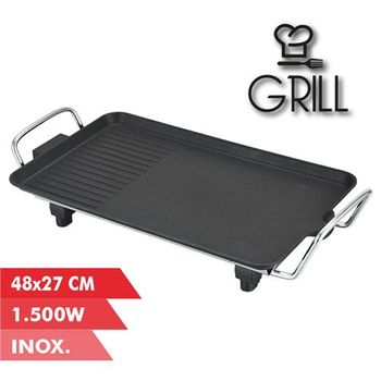 Plancha De Asar Electrica 1500w - 2 Zonas Lisa Y Grill - Placa Antiadherente - Asas Tacto Frio - Termostato Extraible - Superficie 48x27cm Muvip