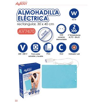 Avant - Almohadilla Eléctrica Rectangular Avant - Calor Terapéutico - 45w - 30x40 Cm - 2 Temperaturas - Indicador Led - Forro Polar