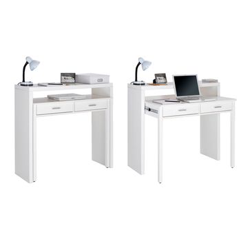 Mesa Escritorio Extensible, Mesa Estudio Consola, Acabado Blanco, 98,6x86,9x36- 70 Cm De Fondo