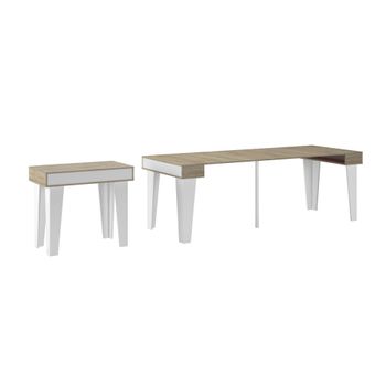 Mesa De Comedor Extensible, Consola Extensible, Nordic Kl Hasta 237 Cm, Acabado Blanco Mate / Roble Cepillado.