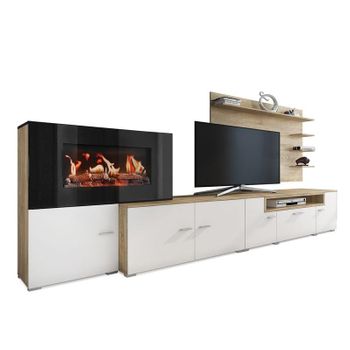 Mueble Tv De Salón Comedor Con Chimenea Eléctrica Con 5 Niveles De Llama, Acabado Blanco Mate Y Roble Claro Cepillado, 290 X 170 X 45 Cm De Fondo