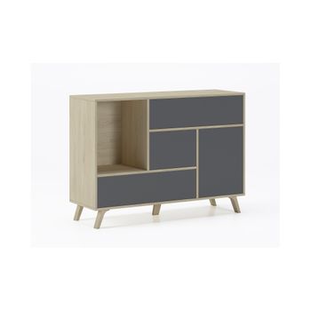 Aparador Salón Comedor, Mueble Auxiliar Buffet Wind 1 Puerta, 3 Cajones, Color Estructura Puccini Y Color Puerta Y Cajones Gris Antracita, 120x40x86cm.