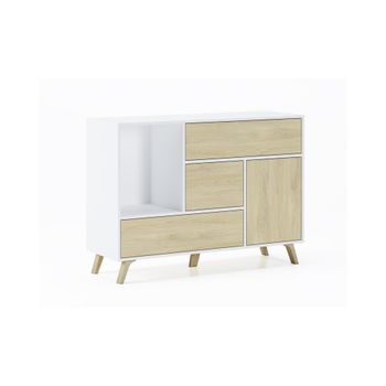 Aparador Salón Comedor, Mueble Auxiliar Buffet Wind 1 Puerta, 3 Cajones, Color Estructura Blanco Y Color Puerta Y Cajones Puccini. 120x40x86cm.