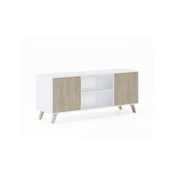 Mueble Tv De Salón Comedor  Con 2 Puertas,  Modelo Wind, Color Estructura Blanco, Color Puertas Puccini,  137x40x57cm