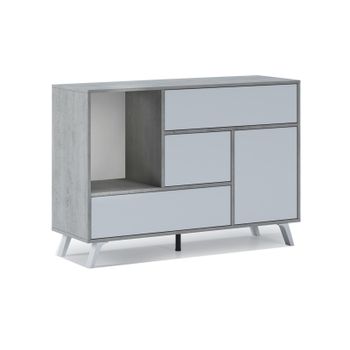 Aparador Salón Comedor, Mueble Auxiliar Buffet Wind 1 Puerta, 3 Cajones, Color Estructura Cemento, Color Puerta Y Cajones Blanco Mate. 120x40x86cm.