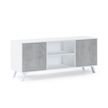 Mueble Tv De Salón Comedor  Con 2 Puertas,  Modelo Wind, Color Estructura Blanco Mate, Color Puertas Cemento,  137x40x57cm