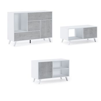 Set Wind, Salón Comedor, Mueble Auxiliar, Color Estructura Blanco Puertas Y Cajones Cemento - Buffet-mueble Tv100-mesa Centro