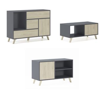 Set Wind, Salón Comedor, Mueble Auxiliar, Buffet-mueble Tv100-mesa Centro Color Estructura Gris Puertas Y Cajones Roble