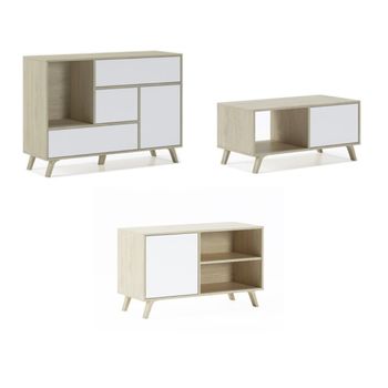 Set Wind, Salón Comedor, Mueble Auxiliar, Buffet-mueble Tv100-mesa Baja Color Estructura Roble Puertas Y Cajones Blanco