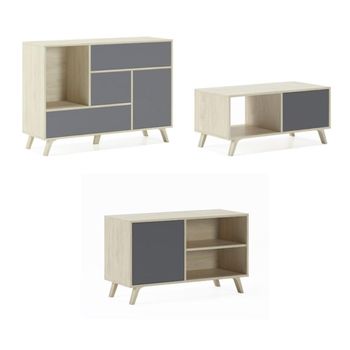 Set Wind, Salón Comedor, Mueble Auxiliar, Buffet-mueble Tv100-mesa Centro, Color Estructura Roble Puertas Y Cajones Gris