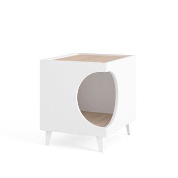 Mesita Mascotas Ellie Blanco/roble, Orificio Entrada Lateral, 1 Puerta. Mesa Auxiliar, Casa Para Gatos Y Perros, Para Caja De Arena, Mesita De Noche, Para Salón Y Baño