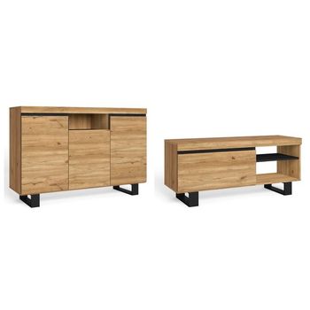 Set Naturale Salón Comedor Con Patas, Mueble Auxiliar,  Buffet-mueble Tv 120cm Roble Negro Nórdico