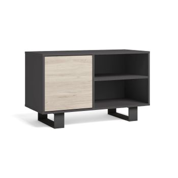 Mueble Tv 100 Con Puerta Izquierda, Salón Comedor, Modelo Wind, Color Estructura Gris Antracita, Color Puerta Roble, Medidas 95x40x57cm De Altura.