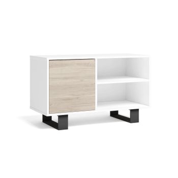 Mueble Tv 100 Con Puerta Izquierda, Salón Comedor, Modelo Wind, Color Estructura Blanco, Color Puerta Roble, Medidas 95x40x57cm De Altura.