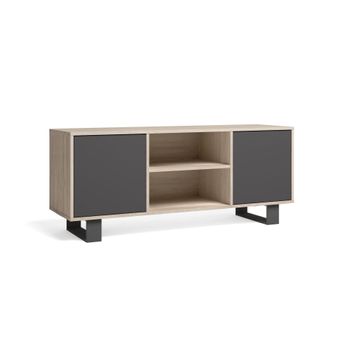 Mueble Tv 140 Con 2 Puertas, Salón Comedor, Modelo Wind, Color Estructura Roble, Color Puertas Gris Antracita, Medidas 137x40x57cm De Altura.