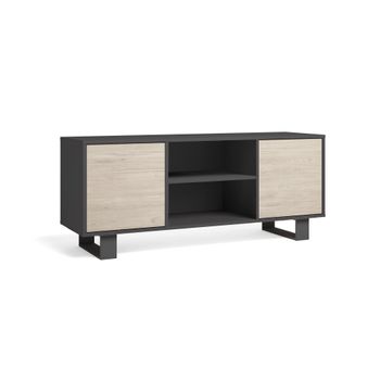 Mueble Tv 140 Con 2 Puertas, Salón Comedor, Modelo Wind, Color Estructura Gris Antracita, Color Puertas Roble, Medidas 137x40x57cm De Altura.