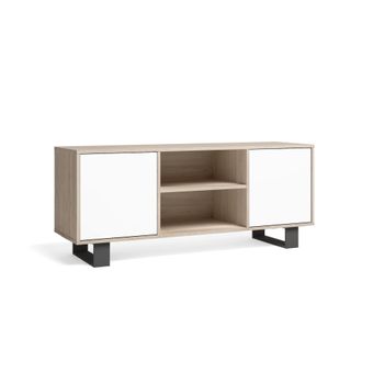 Mueble Tv 140 Con 2 Puertas, Salón Comedor, Modelo Wind, Color Estructura Roble, Color Puertas Blanco, Medidas 137x40x57cm De Altura.