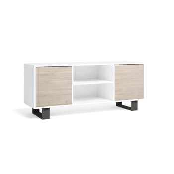 Mueble Tv 140 Con 2 Puertas, Salón Comedor, Modelo Wind, Color Estructura Blanco, Color Puertas Roble, Medidas 137x40x57cm De Altura.