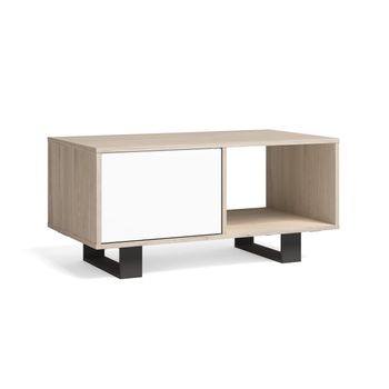 Mesa De Centro Con Puertas, Salón Comedor, Modelo Wind, Color Estructura Roble, Color Puertas Blanco, Medidas 92x50x45cm De Altura.