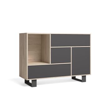 Aparador Salón Comedor, Mueble Auxiliar Buffet Wind 1 Puerta, 3 Cajones, Color Estructura Roble Y Color Puerta Y Cajones Gris Antracita, 120x40x86cm.