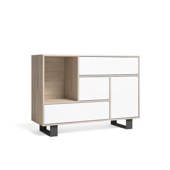 Aparador Salón Comedor, Mueble Auxiliar Buffet Wind 1 Puerta, 3 Cajones, Color Estructura Roble Y Color Puerta Y Cajones Blanco. Medidas: 120x40x86cm.